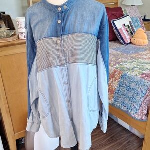Free People Two-Tone Light Denim Button-Up Shirt with Striped Yoke